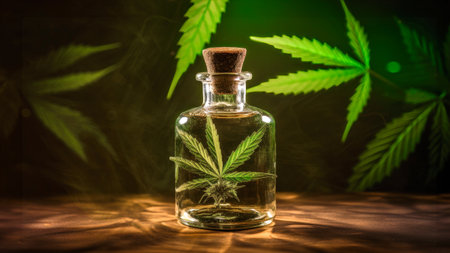 Glass bottle with hemp oil. Medicinal properties of marijuana. Close-up of cannabis extract for smokingの素材