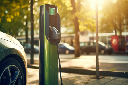 Charging station for recharging the battery with electricity using an EV charging cable in an evening city street. Innovative electric vehicle and energy sustainabilityの素材