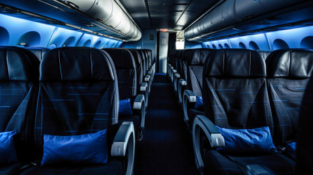 A view of the comfortable, modern interior of a passenger airplane featuring sleek black leather seats.の素材