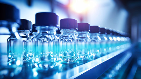 A row of bottles filled with blue liquid and placed on a production conveyor in the pharmacology industry. Bottles with medicines on the conveyor. Selective focus. Close-up.の素材