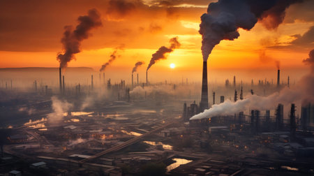 Smoke from a heating station in a big city during the winter season at sunset. Smoke stack pipes emitting carbon dioxide from a coal-fired power plant into the atmosphereの素材