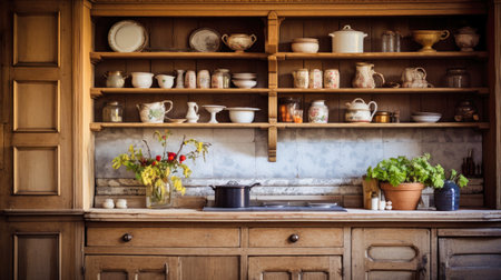 A kitchen filled with pots and pans, showing a charming country-style interior with natural, eco-friendly wooden furniture. Interior of a modern kitchen made of solid wood.の素材