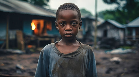 Portrait of an unhappy homeless child from a poor areaの素材