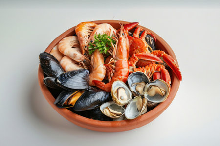 A delicious display of seafood and mussels served in a bowl on a table.の素材