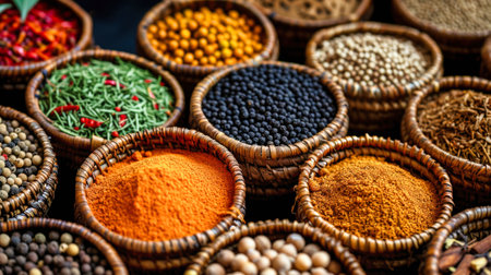 A collection of different types of spices and herbs, packed into baskets.の素材