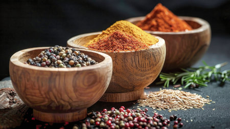 A photo showcasing three wooden bowls filled with an assortment of spices, offering flavorful additives for cooking.の素材