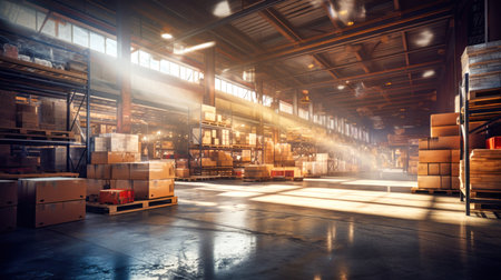 Retail warehouse full of shelves with goods in cardboard boxes, with pallets and forklifts. Logistics and transport blurred background. Product distribution center.の素材