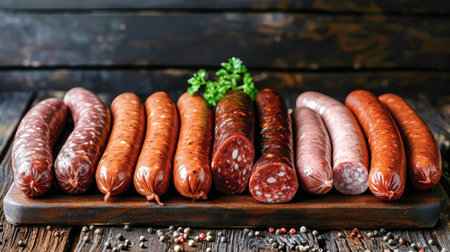 A group of smoked sausages, handmade and stored in the cellar of a farm, are seen hanging from a line.の素材