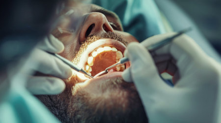 A man is being examined by a dentist during a dental check-up.の素材