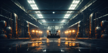A sprawling industrial workshop housing a wide variety of pipes and equipment for efficient production.の素材