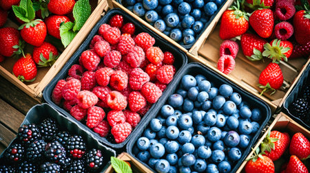 Vibrant and appetizing display of raspberries, strawberries, blackberries, and blueberries on a table at a bustling farmers market.の素材