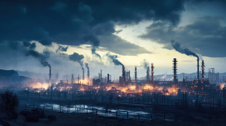 Smoke from a heating station in a big city during the winter season at sunset. Smoke stack pipes emitting carbon dioxide from a coal-fired power plant into the atmosphere