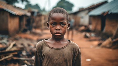 A poor little boy stands in a smoking dump on the outskirts of a slum. Poverty and hunger concept. Help hungry children.の素材