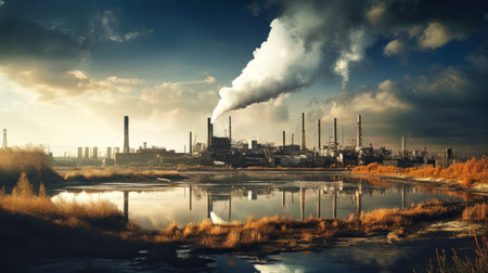 Petrochemical industrial plant of heavy industry, oil refinery with smoke pollution. Thick smoke coming from the factory chimney.の素材