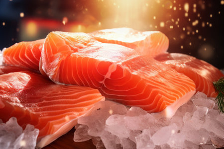 Chilled fish. Fresh salmon or trout fillet on ice. healthy eating conceptの素材