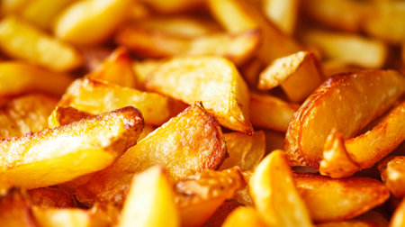 A delicious pile of French fries resting on top of a wooden table.の素材