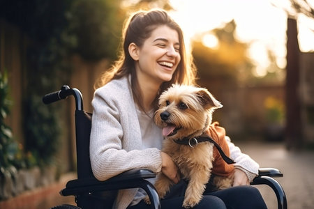 A woman in a wheelchair sitting with her dog, enjoying their time together.の素材