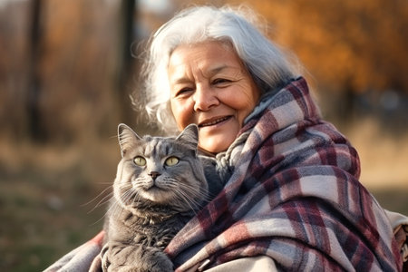 A heartwarming picture of an older woman cradling a cat lovingly in her embrace.の素材