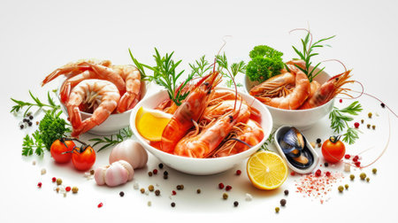 A table topped with an array of bowls filled with various types of food, including seafood.の素材