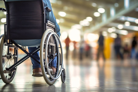 A person using a wheelchair sits on a tiled floor. Concept for supporting people with disabilities.の素材
