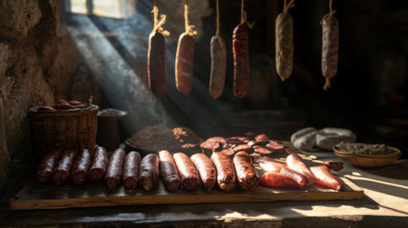 A bunch of homemade, smoked sausages is neatly lined up on a table in a farm cellar.の素材