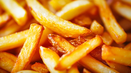 A pile of crispy golden French fries served next to each other, ready to satisfy your craving.の素材