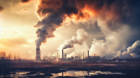 Smoke from a heating station in a big city during the winter season at sunset. Smoke stack pipes emitting carbon dioxide from a coal-fired power plant into the atmosphereの素材