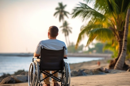 A man in a wheelchair sits on the sandy beach and gazes off into the distance with a smile. Disabled man on the beach.の素材