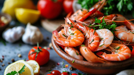 A table topped with bowls filled with different types of food, including seafood.の素材