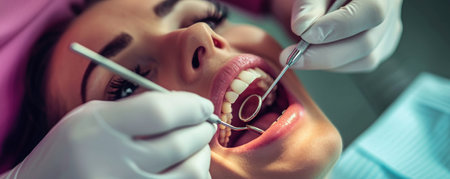 A woman gets her teeth checked by a dentist during a routine dental examination.の素材