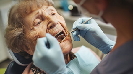 An elderly woman being examined by a dentist during a dental check-up.の素材