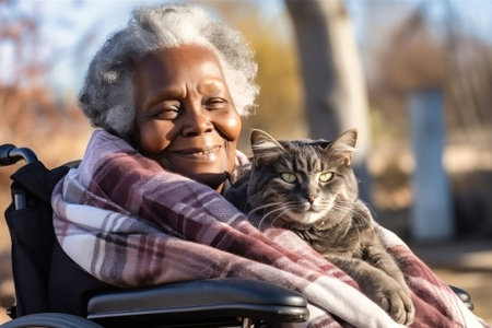 A moving photo capturing the endearing bond between a woman in a wheelchair and her beloved feline companion.の素材