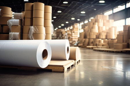 Warehouse for finished products of a paper mill. Large rolls of paper in the workshop. Production of paper and cardboardの素材
