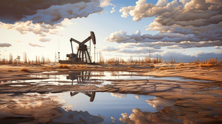 Oil pump, oil rig, energy industrial oil machine on sunset background for design.の素材