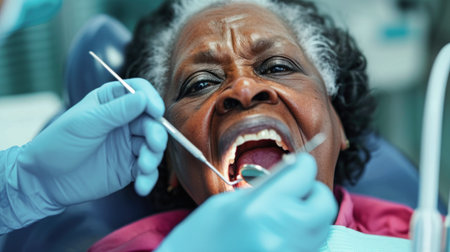 An elderly woman receives dental treatment as the dentist gently brushes her teeth.の素材