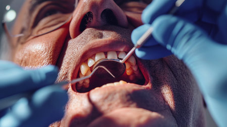 A man undergoes a thorough dental check-up by a dentist to ensure oral health and identify any potential issues.の素材