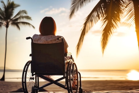 A woman in a wheelchair enjoying the view of a beautiful sunset at the beach.の素材