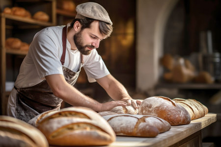 A male baker kneading dough to make fresh bread in his home bakery. Home bakery. Private business.の素材