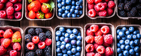 A table adorned with trays filled with a variety of vibrant raspberries and berries.の素材