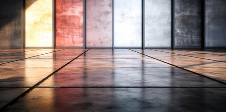 A large industrial workshop with a tiled floor and abundant lighting for production stock.の素材