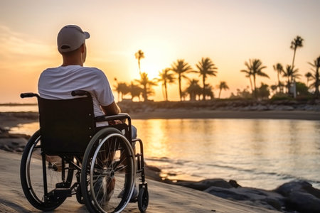 A man in a wheelchair takes in the serene view of the ocean. Disabled man on the beach.の素材