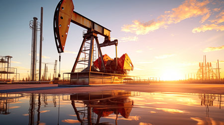 Oil field, oil pumps work in the evening. Oil pump and beautiful sunset reflected in the water, silhouette of a beam pumping plant in the eveningの素材
