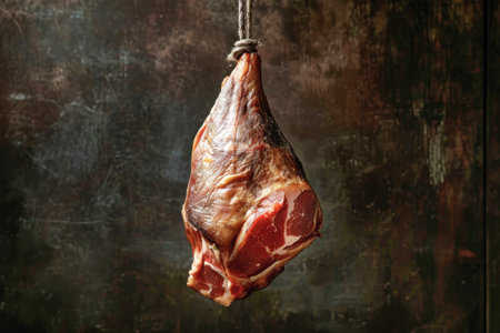 A succulent piece of meat hangs from a hook, showing the quality and freshness of farm-produced jamon ham.の素材