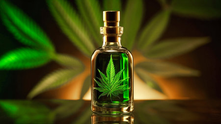 Glass bottle with hemp oil. Medicinal properties of marijuana. Close-up of cannabis extract for smokingの素材