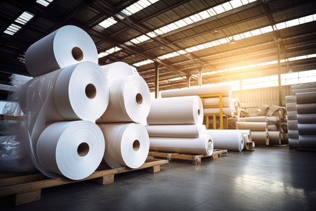 Huge rolls of paper are stored in the factory warehouse. Industrial paper production. Finished products of a paper processing plantの素材