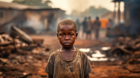 A poor little boy stands in a smoking dump on the outskirts of a slum. Poverty and hunger concept. Help hungry children.の素材