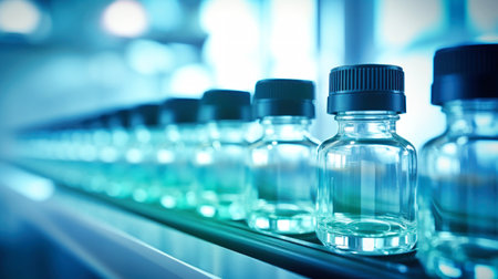 A row of water bottles is neatly arranged on a shelf, ready for use in the production of medical drugs in the pharmacology industry. Bottles with medicines on the conveyor. Selective focus.の素材
