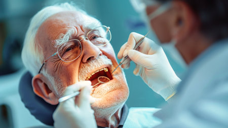 An elderly man receiving dental treatment gets his teeth checked by a dentist.の素材