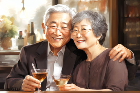 The concept of an active social lifestyle for older people. An elderly couple drinks alcoholic drinks in a bar or restaurant. Lovers enjoying happy hour at the barの素材