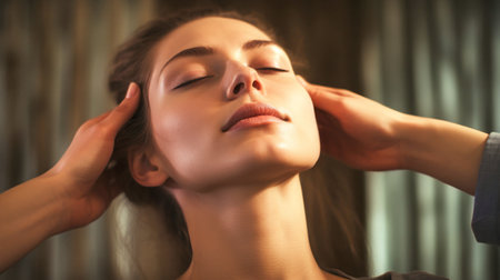 Relaxed young woman doing neck massage at health spa, top view of beautiful woman wrapped in towel lying on table with eyes closed enjoying body treatmentの素材
